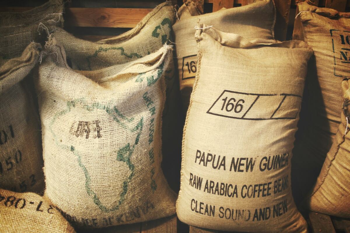 Sacos de café verde apilados, cada uno con su número de lote